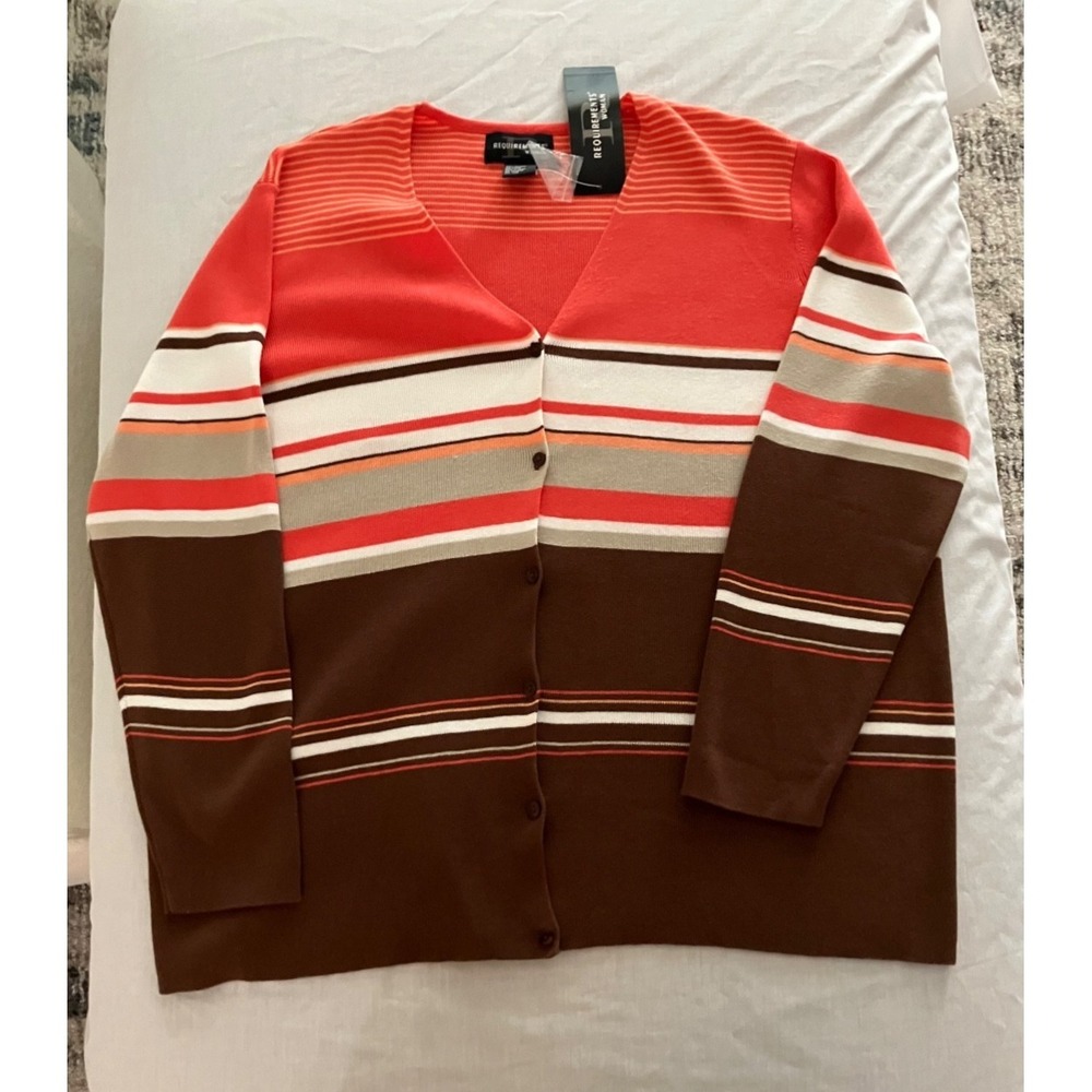 Requirements NWT Sz 1X Wmn Stripe Button Cardigan Sweater Brown Coral Long Slv